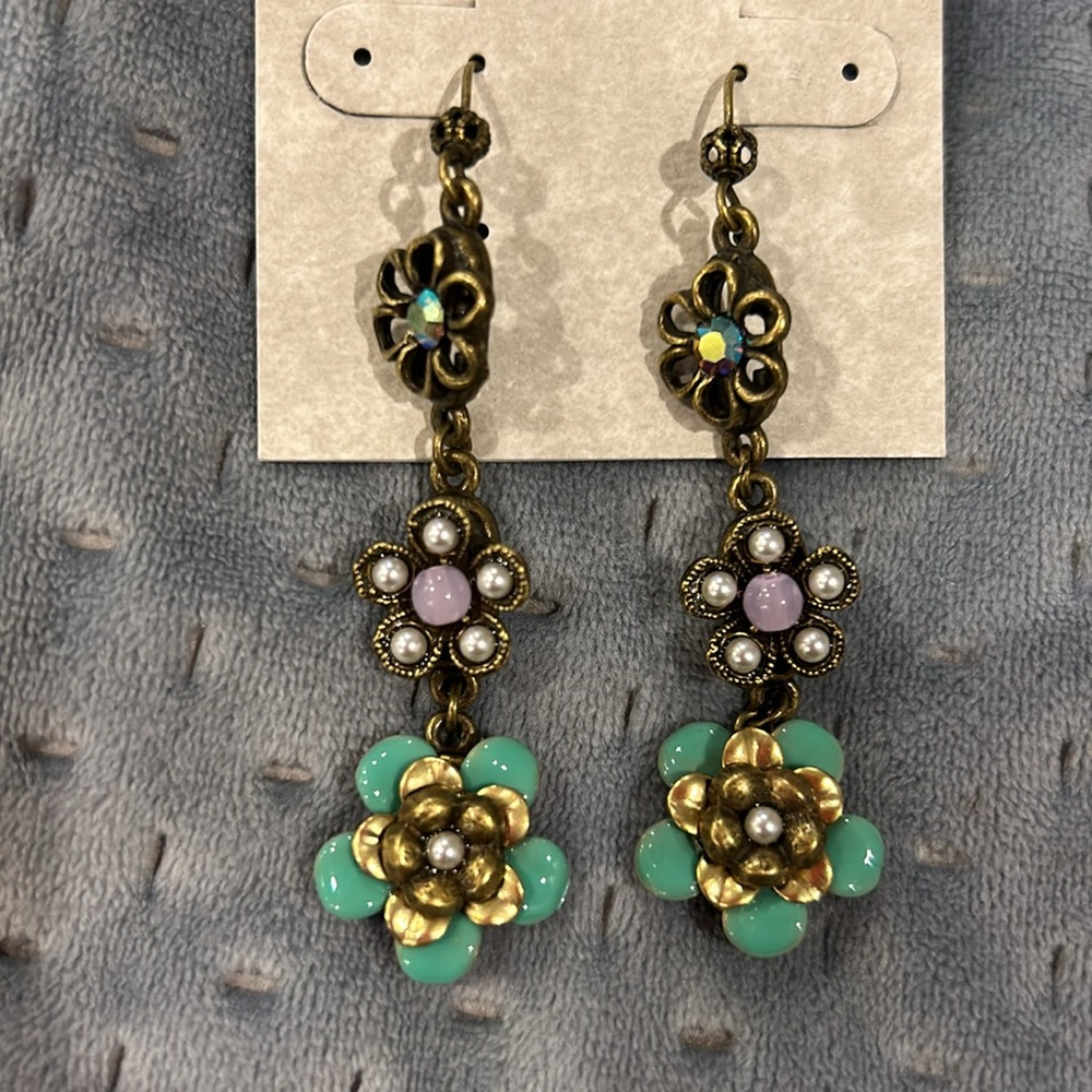 Triple Enameled Flowers Antiqued Gold Earrings-Boutique